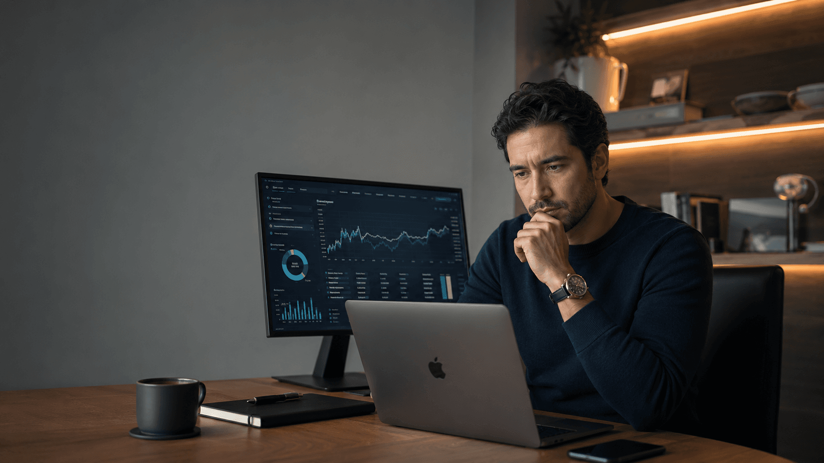 Especialista evaluando condiciones de mercado en una estación de análisis financiero